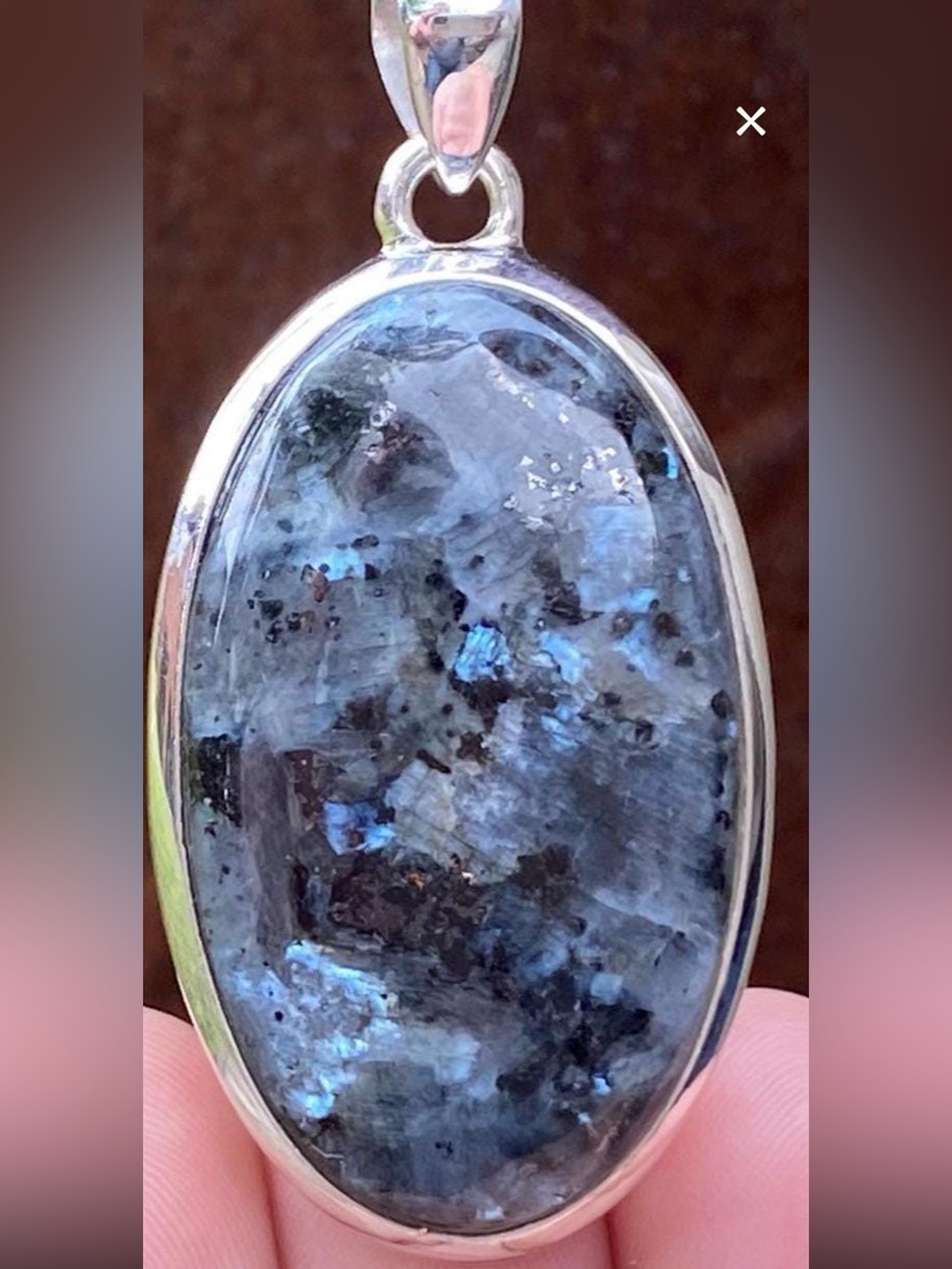 Larvikite pendant in 925 Silver 25x53mm natural grey blue gemstone labradorite